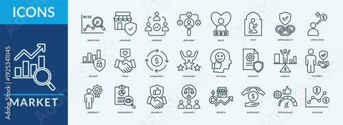 Market - Icon Collection. Thin Outline Set contains such Icons as prediction, consistency, stability and more. Simple web icons set
