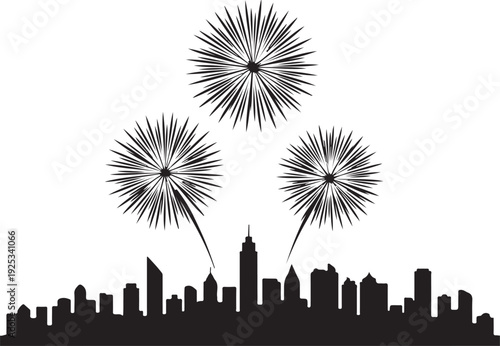 Fireworks exploding over a city skyline at night, creating a celebratory atmosphere for holidays and events. , Generative Ai