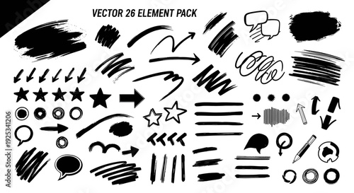 Hand drawn vector 26 element pack with various doodle shapes and arrows.