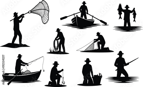 Fishing silhouettes collection of fisherman with nets, rods, and boats, catching fish, outdoor hobby, lake adventure, vintage style vector illustration, black design