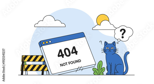 A curious cat stands beside a 404 error page illustration outdoors with road barriers and clouds