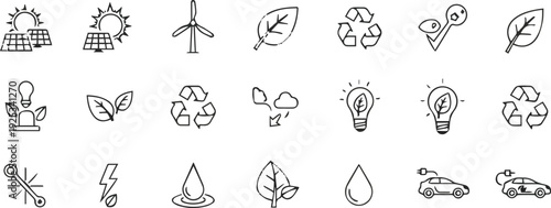 Collection of Simple Line Icons Representing Renewable Energy and Sustainable Living Concepts