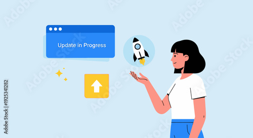 Woman holding a rocket ship illustration near a software update notification on a digital interface