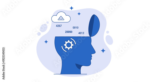 A blue silhouette of a human head with a gear in the brain, surrounded by a cloud and stars, representing thought and innovation