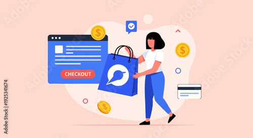 Woman carrying shopping bag with online shopping page and payment icons floating around her in a modern digital marketplace scene