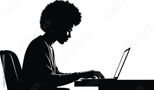 Black silhouette of a person with curly hair working on a laptop