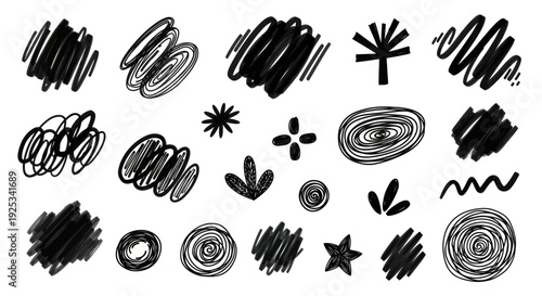 Hand-drawn doodle scribbles and abstract shapes in black ink, perfect for creative design elements.