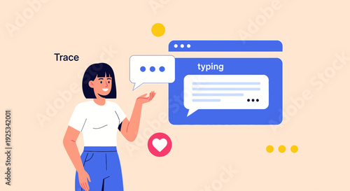 Woman interacting with a large digital interface displaying a chat window and typing message on a modern graphic user interface
