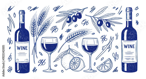 Hand-drawn sketch of wine bottles, glasses, olives, wheat, and lemons.