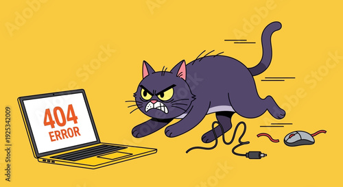 A cartoon black cat reacts to a 404 error on a laptop screen, showcasing frustration with a torn wire on a yellow background from a front viewpoint