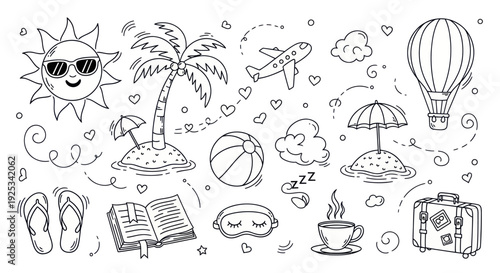 Hand-drawn Summer Travel and Vacation Doodle Set with Beach and Holiday Elements.