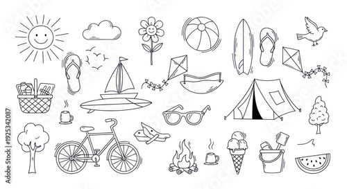 Hand-drawn Summer Vacation and Outdoor Activities Doodle Collection.