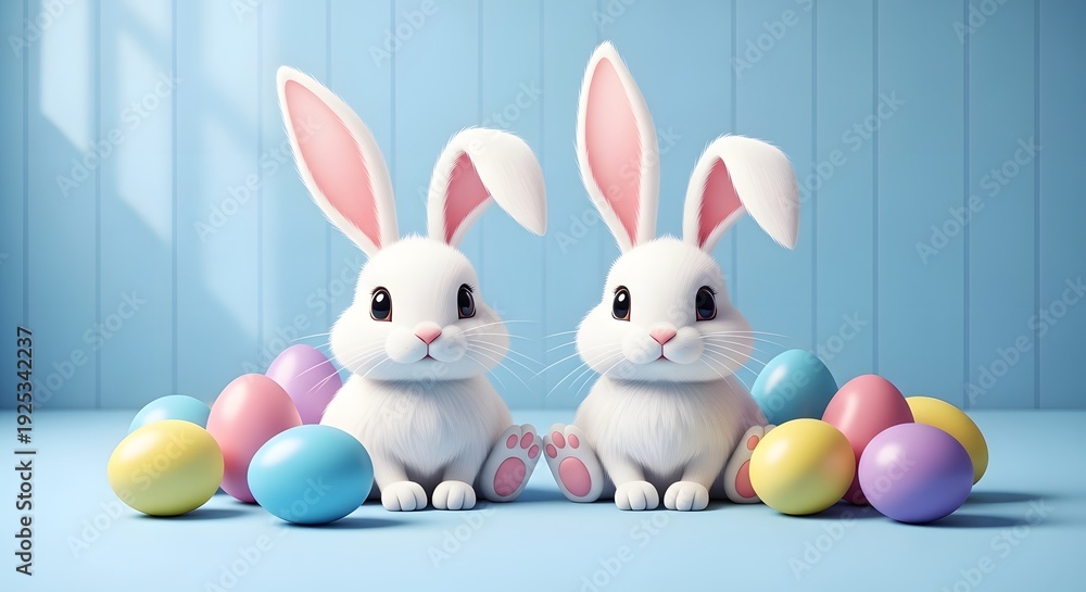 Fototapeta premium Easter monday celebration with adorable white rabbits and colorful eggs