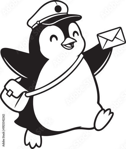A cartoon penguin wearing a postal worker hat