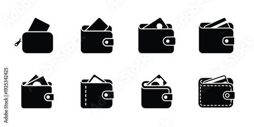 Black wallet icons with cash and cards on white background