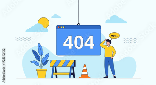 Man standing next to a large 404 error sign with a potted plant and traffic cone nearby in a simple flat illustration style