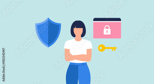 A woman stands confidently with a shield and key icons representing security online protection and password safety