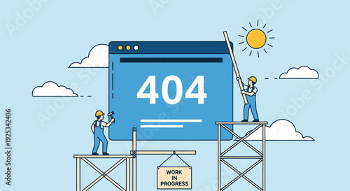 Two workers constructing a large webpage with 404 error on scaffolding under a clear sky
