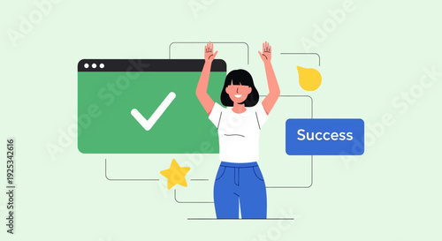 A young woman celebrates her success with arms raised beside a large green checkmark on a digital screen
