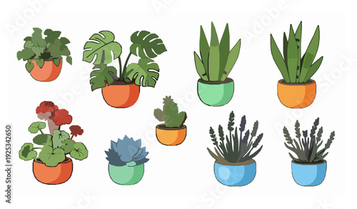 Cartoon Potted Houseplants Vector Collectionhouseplant, plant, plants, pot, pots, indoor, garden, botanical, nature, leaf, green, decor, home, interior, cartoon, cute, playful, illustration, vector, f