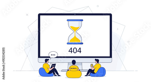 People waiting in front of a computer screen displaying a 404 error page with an hourglass symbol, indicating a webpage not found issue.