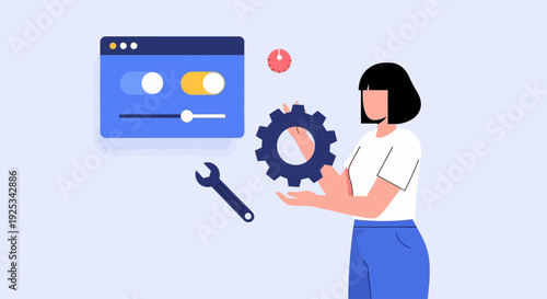 A woman holding a gear and wrench, fixing a web page with various elements in a professional setting