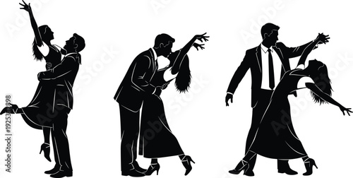 Black silhouettes of four dancing couples in formal attire white