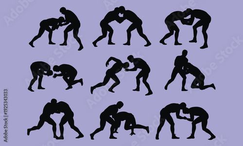Black silhouettes of men wrestling in various positions on purple background sports
