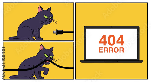 A cartoon cat trying to plug a cord into a laptop displaying a 404 error message on its screen