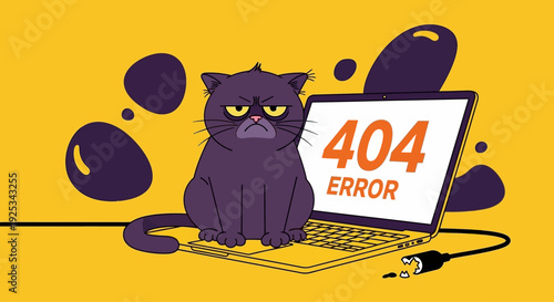 A cartoon cat sits on a laptop displaying a 404 error page on a vibrant yellow background from a front viewpoint