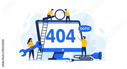 People repairing a giant computer screen displaying a 404 error message together with tools and ladders in a collaborative work environment from a bird's eye view