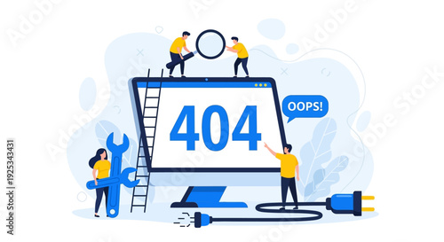 Illustration of people fixing a large 404 error screen with tools and ladders in a digital workspace environment