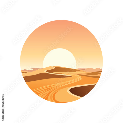 Desert landscape graphic with dunes and sun in a circular frame