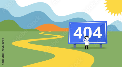 A person holding a sign indicating a 404 error on a winding road through a green landscape under a sunny sky