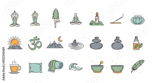 Collection of yoga and meditation icons and symbols.