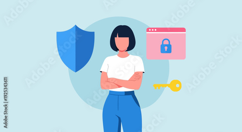 A woman standing confidently with a shield and lock icon, symbolizing online security and protection