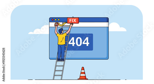 A person on a ladder fixing a 404 error on a large browser window with a fix sign against a serene sky with clouds.
