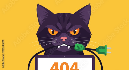 An angry black cat holding a sign with 404 emerges from electrical cable against vibrant yellow background