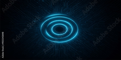 A futuristic digital wallpaper design featuring an abstract blue and dark green background with glowing circles, swirls, and light patterns in a motion-filled galaxy of energy and technology