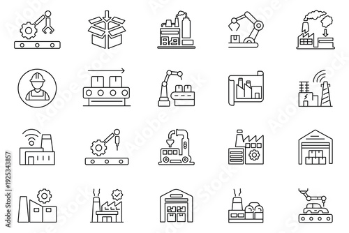 Factory line editable icon vector set. Industrial manufacturing factory icon set. industry, building, production, machine, manufacturing, pollution,  warehouse and more. Vector illustration.