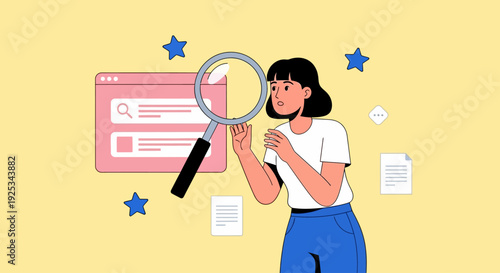 A woman examining a search result on a computer screen with a magnifying glass