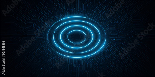An abstract blue background featuring a futuristic swirl of light and dark circles creates a digital fractal pattern with motion energy across a cosmic space wallpaper