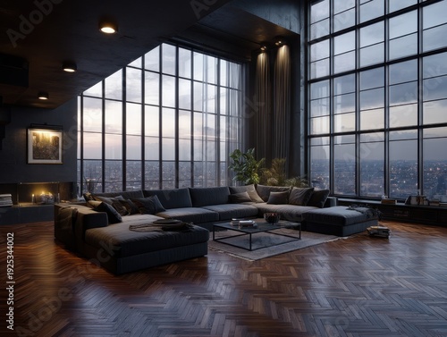 A large living room with a fireplace and a large sectional sofa