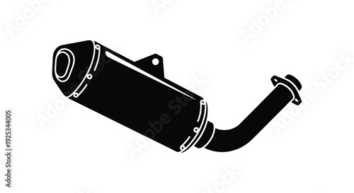 A stark black silhouette of a motorcycle exhaust pipe is dramatically presented against a plain white background silhouette