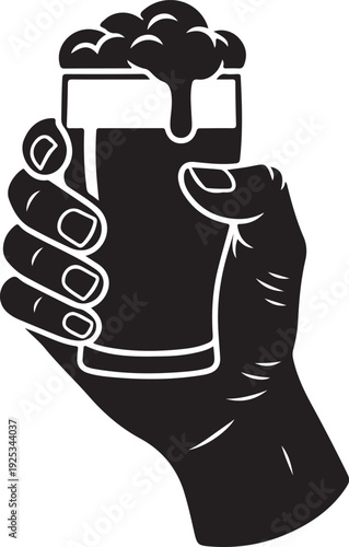 Black silhouette of a hand raising a glass of bubbly beer, ideal for St. Patrick's Day events, pub advertising, and festive social occasions. , Generative Ai
