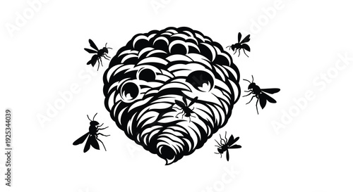 A detailed illustration depicts a beehive surrounded by flying bees rendered as a striking black silhouette high quality