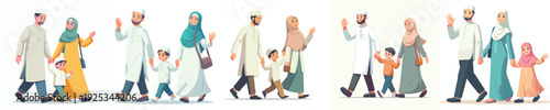 Muslim family vector walking happily waving hands side view