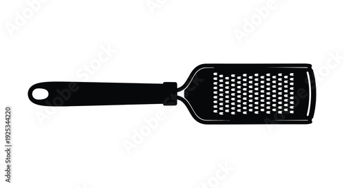 A stark black silhouette of a kitchen utensil specifically a microplane zester against a white background silhouette