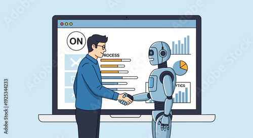 Man and robot collaborating on data analysis on a large computer screen in a modern office environment