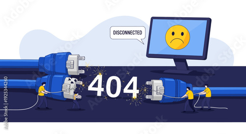 Cables disconnected from devices with error 404 on computer screen in a digital landscape view